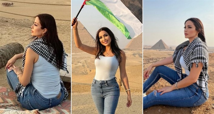نسرين طافش بالعلم والشال الفلسطينى: خلوا قلبكم قوي واثق بالنصر